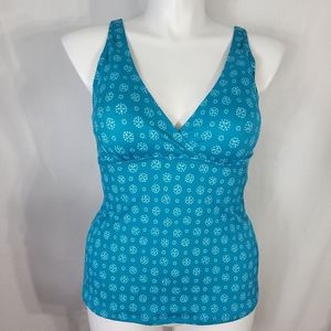 LL Bean Turquoise TANKINI TOP Womens Size 14 Reg Flowers Empire Waist UPF 50+ UV
